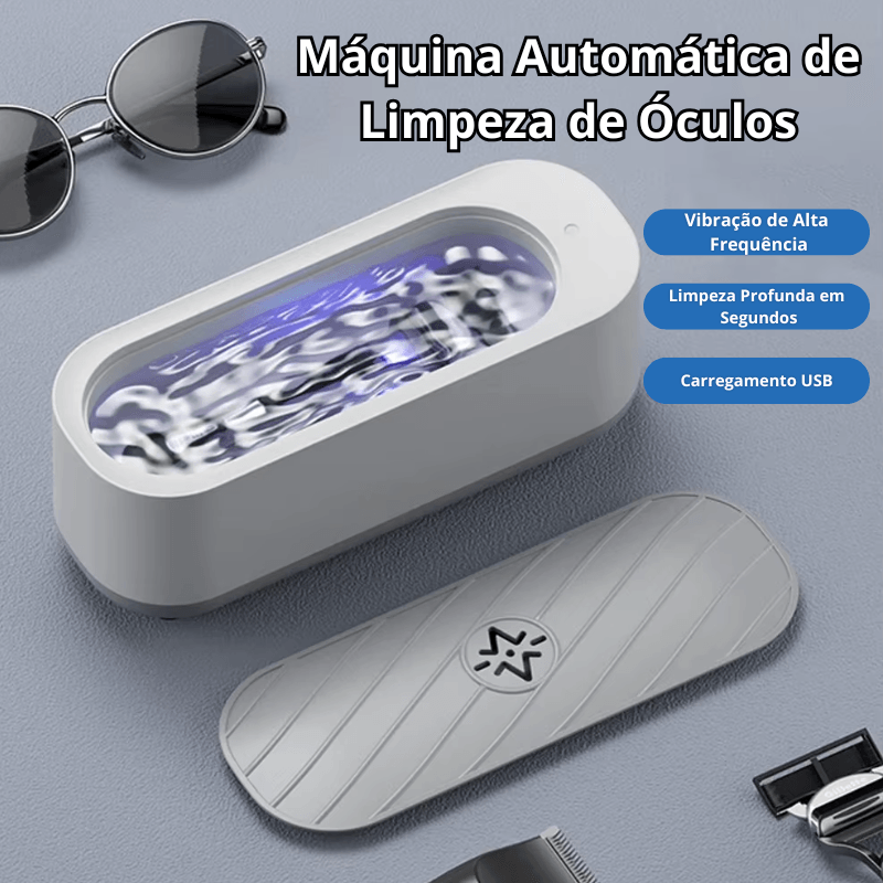 Máquina Automática de Limpeza de Óculos - Vibração de Alta Frequência para Limpeza Profunda em Segundos com Carregamento USB.